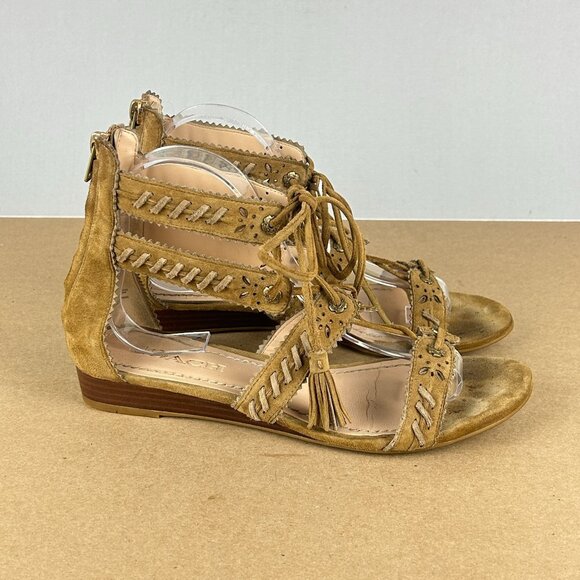 Coach Via Demi Wedge Sandals Tassel Lace Up Womens 8.5 Tan Leather - Picture 3 of 10